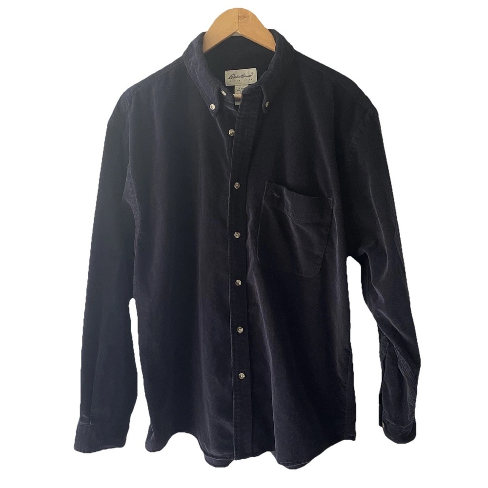Eddie Bauer Shirt Mens Large L Navy Blue Corduroy Cotton Button Up